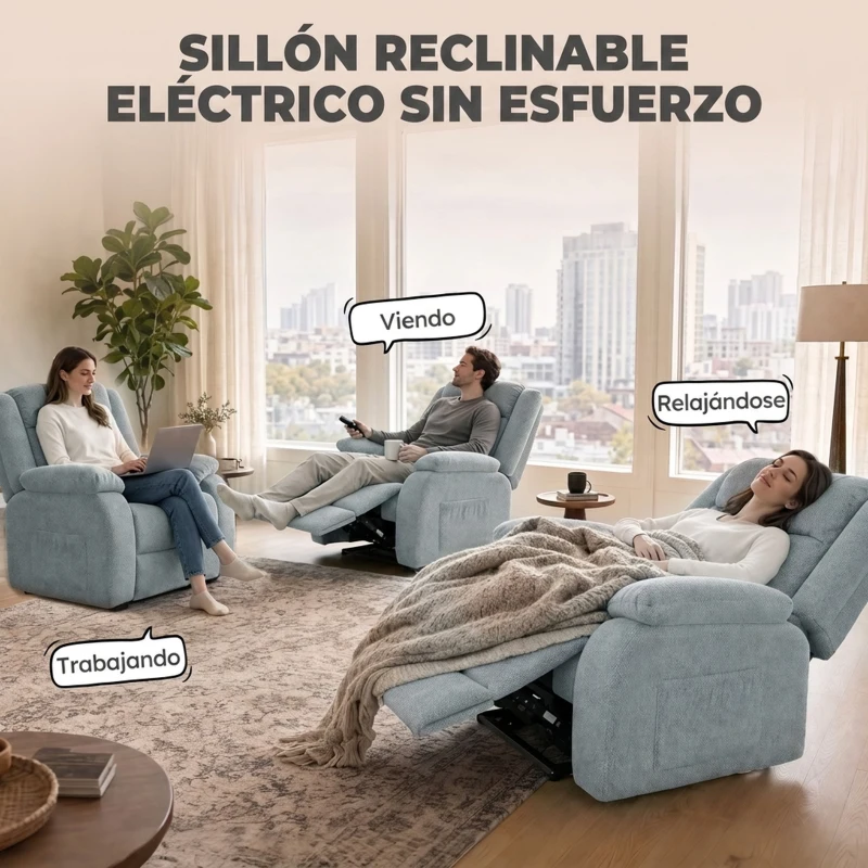 HOMCOM Sillón Relax Reclinable Eléctrico de Lino con Asiento con Muelles Reposapiés Mando USB y 2 Bolsillos Laterales Verde