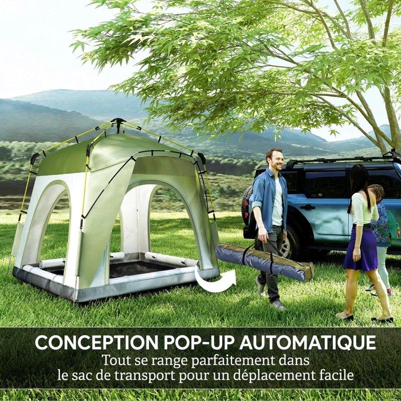 Outsunny Tente de camping pop-up 3 personnes, dôme familiale avec 4 portes, 4 fenêtres et sac de transport – Vert et gris