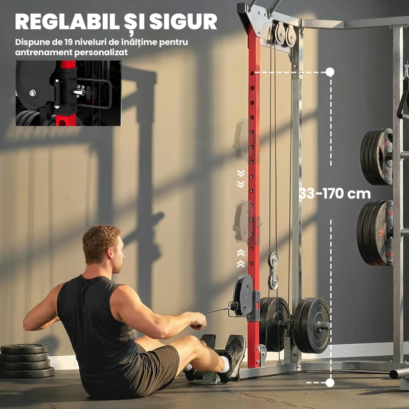 SPORTNOW Power Tower cu Sistem de Cabluri Reglabile, Bară de Tracțiuni și Dip, Cârlige J, Squat Rack, Landmine, 900 kg