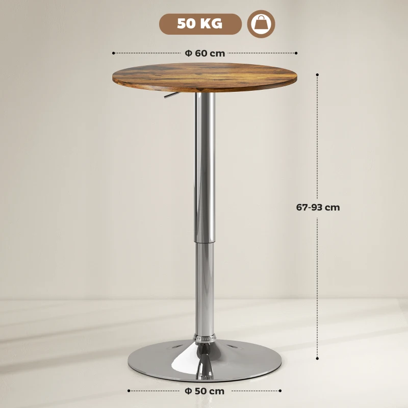 HOMCOM Mesa de Bar con Altura Ajustable Giratoria 360° Base Redonda Mesa Alta de Bar para Cocina Comedor Ø60x67-93 cm Marrón