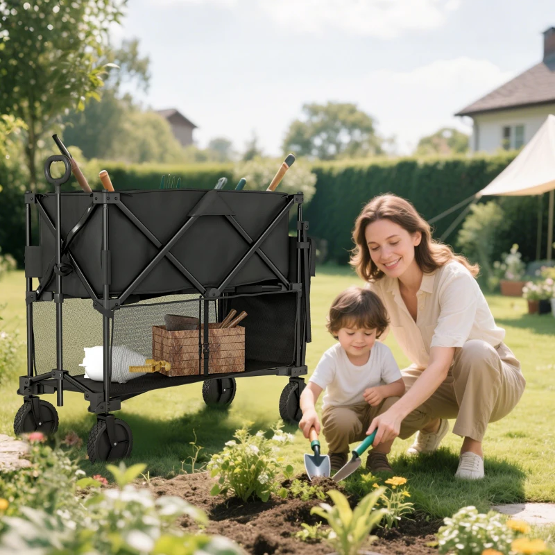 Outsunny Chariot de jardin pliable 350L chariot de transport à 2 étages charge max 200 kg avec roues tout terrain noir