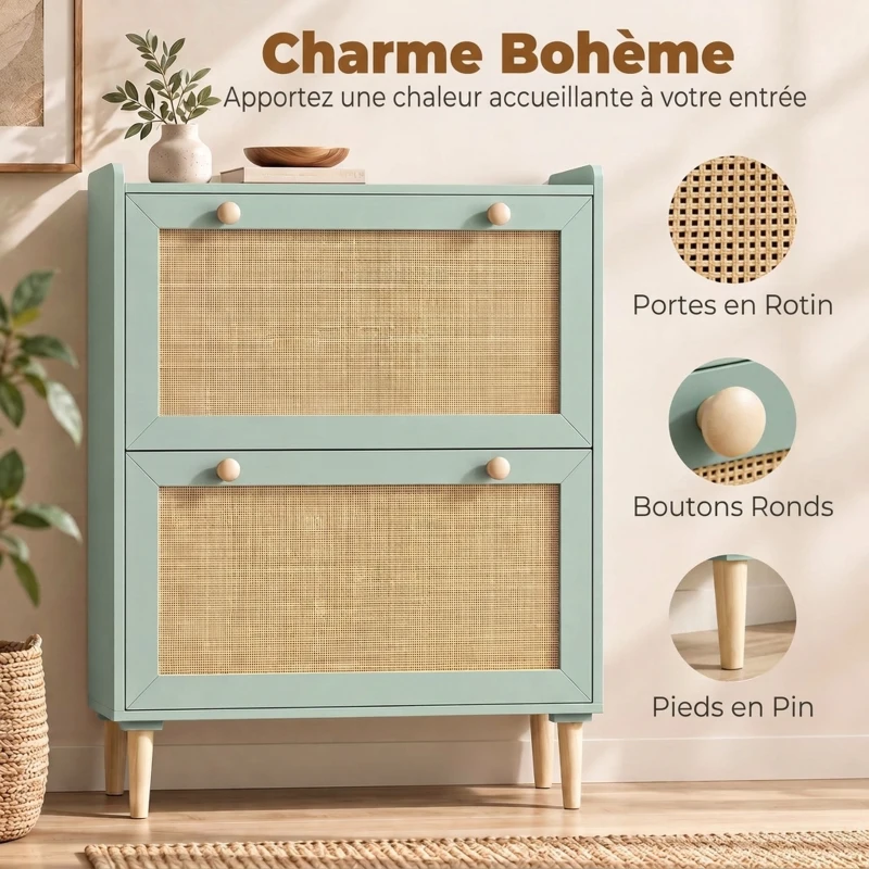 HOMCOM Meuble à chaussures 12 paires, armoire à chaussures avec 2 tiroirs rabattables, étagères réglables, 80x26x101 cm, vert