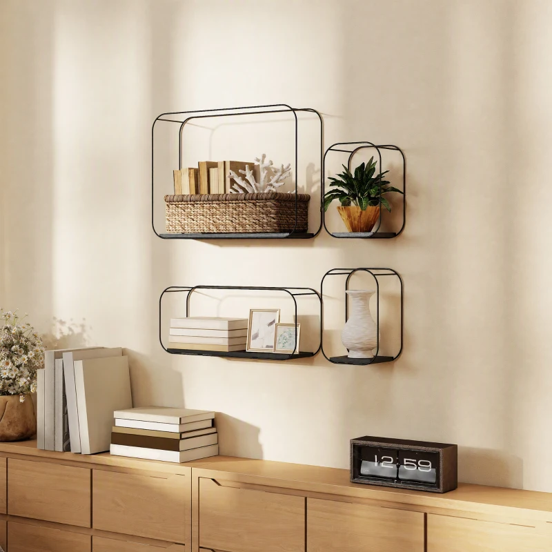 HOMCOM Lot de 4 étagères murales industrielles, étagères flottantes géométriques en métal, pour salon, chambre et bureau, noir