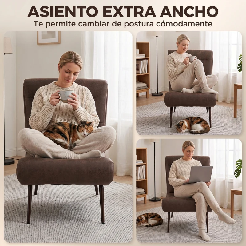 HOMCOM Sillón con Reposapiés Asiento Ancho Cojín Lumbar y Respaldo Curvo Tapizado en Leathaire Patas de Acero Marrón Oscuro