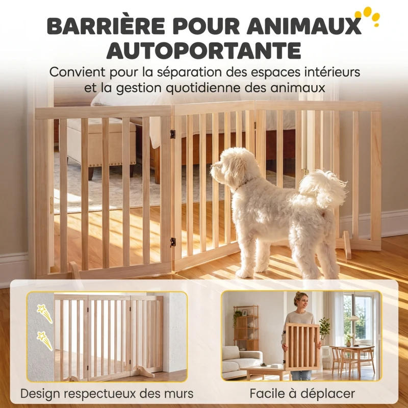 PawHut Barrière de Sécurité pour Chien Barrière Chien Sans Perçage Pliable et Autoportante 3 Panneaux 150 x 36 x 61 cm Naturel