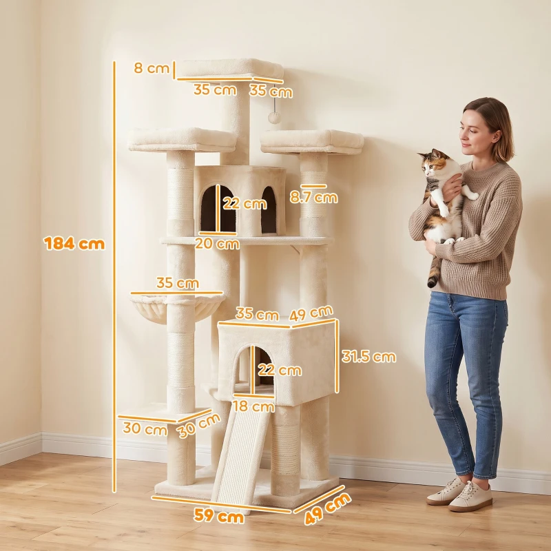 PawHut Copac pentru zgâriat mare înalt de 184 cm, copac pentru pisici cu 3 stâlpi pentru zgâriat, platforme de odihnă, minge de joacă, hamac, scară, pentru pisici sub 6 kg