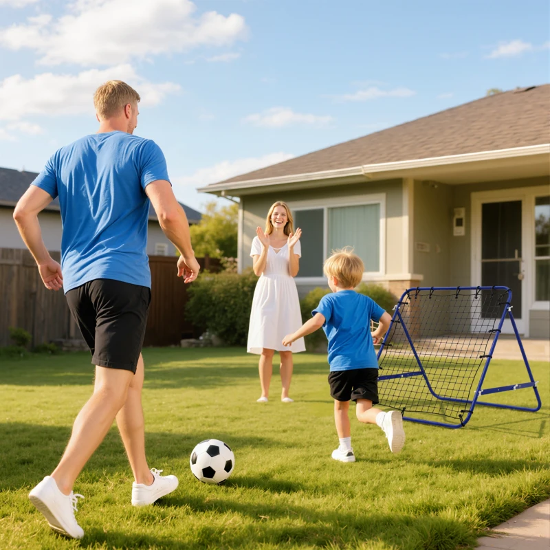 HOMCOM Filet de Rebond Rebondeur de Football en Métal avec Angle Réglable 20 Cordes Élastiques 96x80x96 cm Bleu