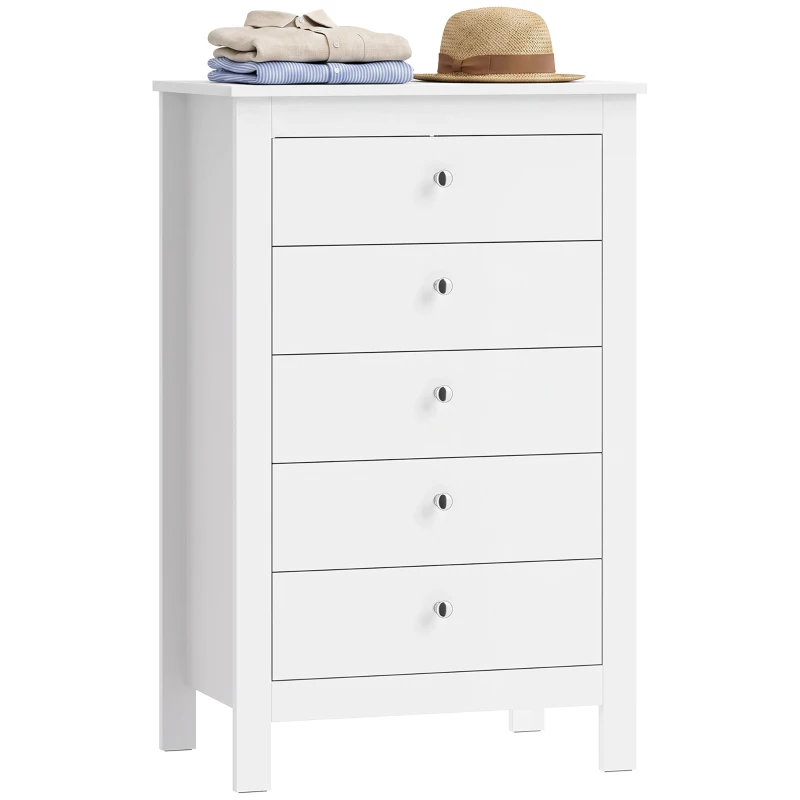 HOMCOM Commode 5 Tiroirs, Meuble de Rangement avec Glissières Fluides, Chiffonnier, Style Moderne, 60 x 39,5 x 95,3 cm, Blanc