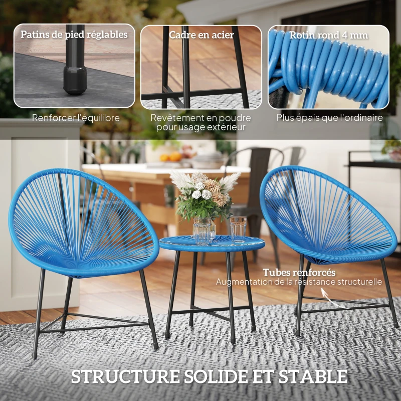 Outsunny Salon de jardin extérieur en résine tressée 2 personnes, plateau en verre trempé, pour balcon terrasse patio, bleu