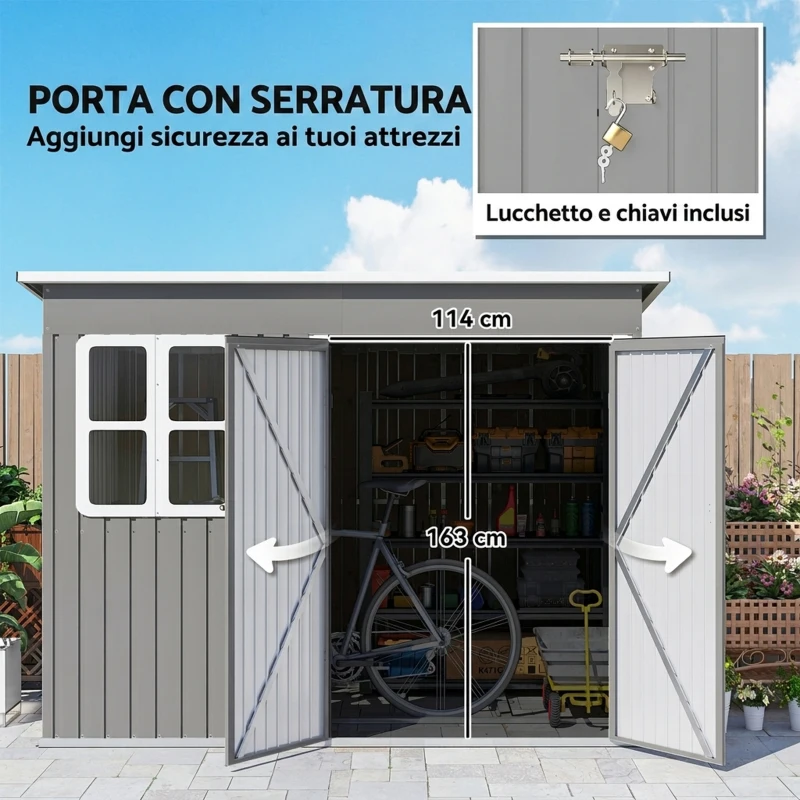 Outsunny Casetta da Giardino 4.13m² in Acciaio Zincato Kit di Fondazione, Tetto Inclinato, Doppia Porta Bloccabile, Prese d'Aria, Finestra, Grigio