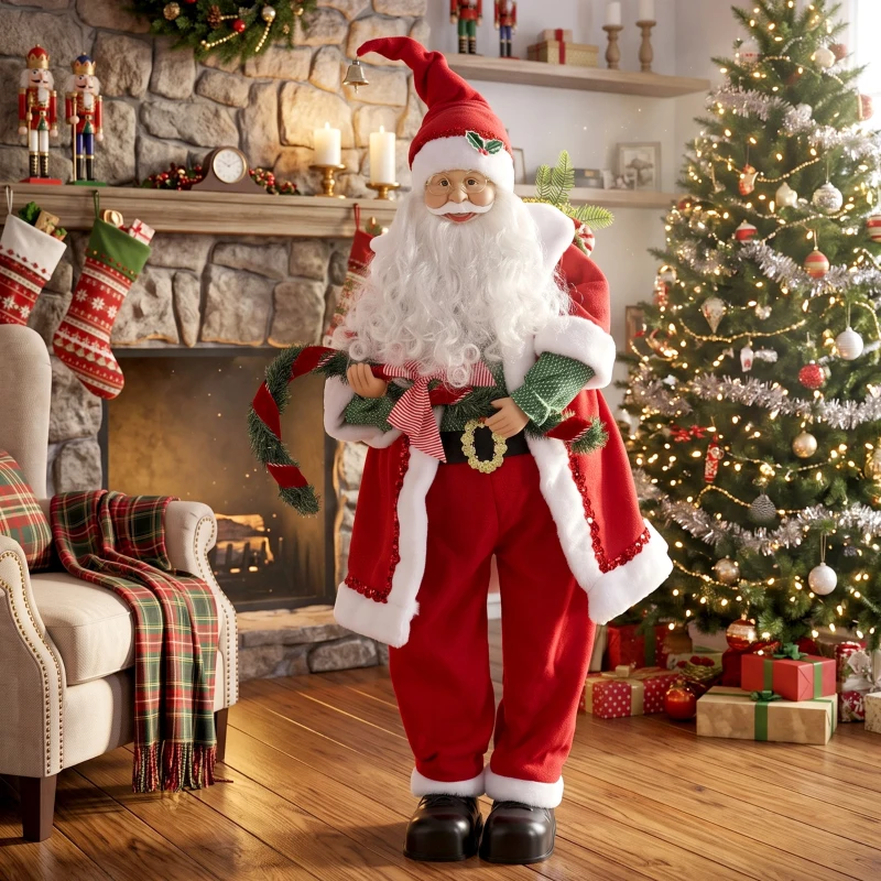 HOMCOM Père Noël Animé Grandeur Nature 120cm, Décoration Musicale Chantante et Oscillante,  Activation Sonore et Tactile, Rouge