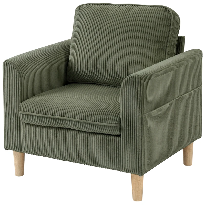 HOMCOM Fotoliu de living din catifea cu caneluri, fotoliu 1 loc tapițat cu șezut lat și pernă cu arcuri, 83x74x87cm, Verde