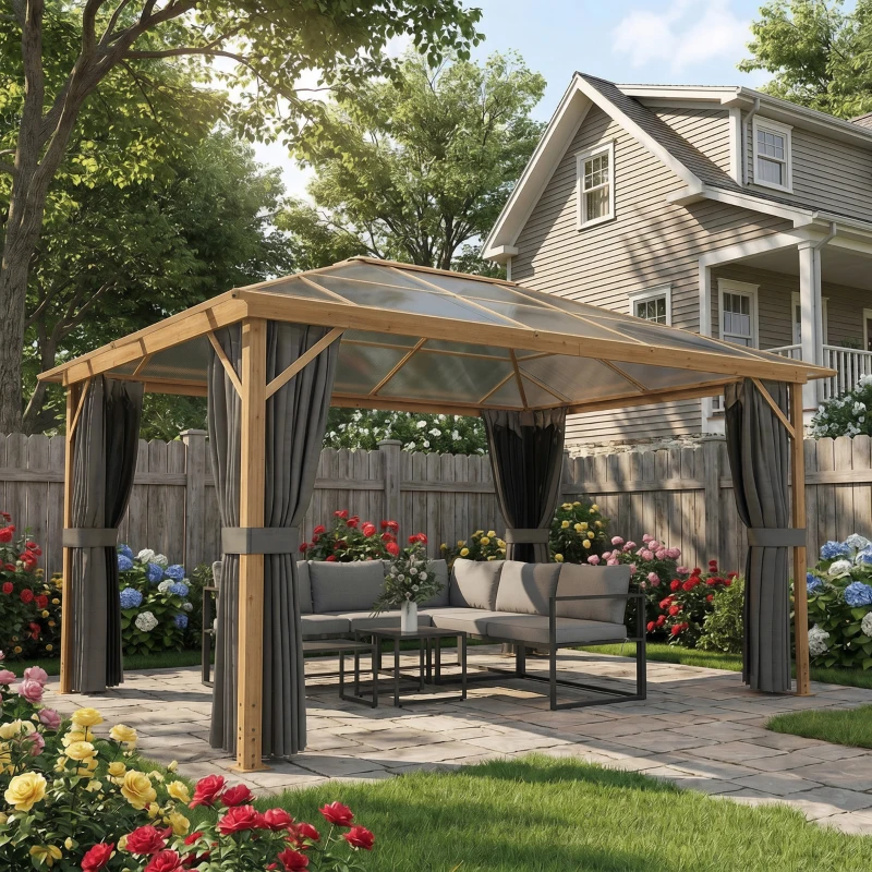 Outsunny Tonnelle de Jardin Pavillon Extérieur Aspect Bois Toit Rigide en Polycarbonate UV50+ Imperméable 398x298x262cm Naturel