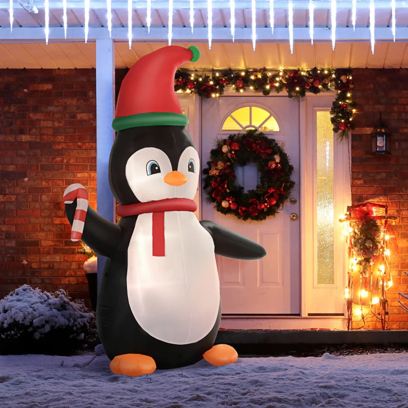 HOMCOM 2.5m Inflatable Christmas Penguin Holding Candy Cane Built-in LED for Party