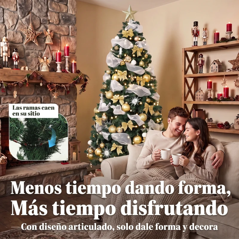 HOMCOM Árbol de Navidad 230 cm con 250 LED 1136 Ramas 8 Modos Bolas Cintas y Lazos Mando a Distancia y Base Plegable Verde