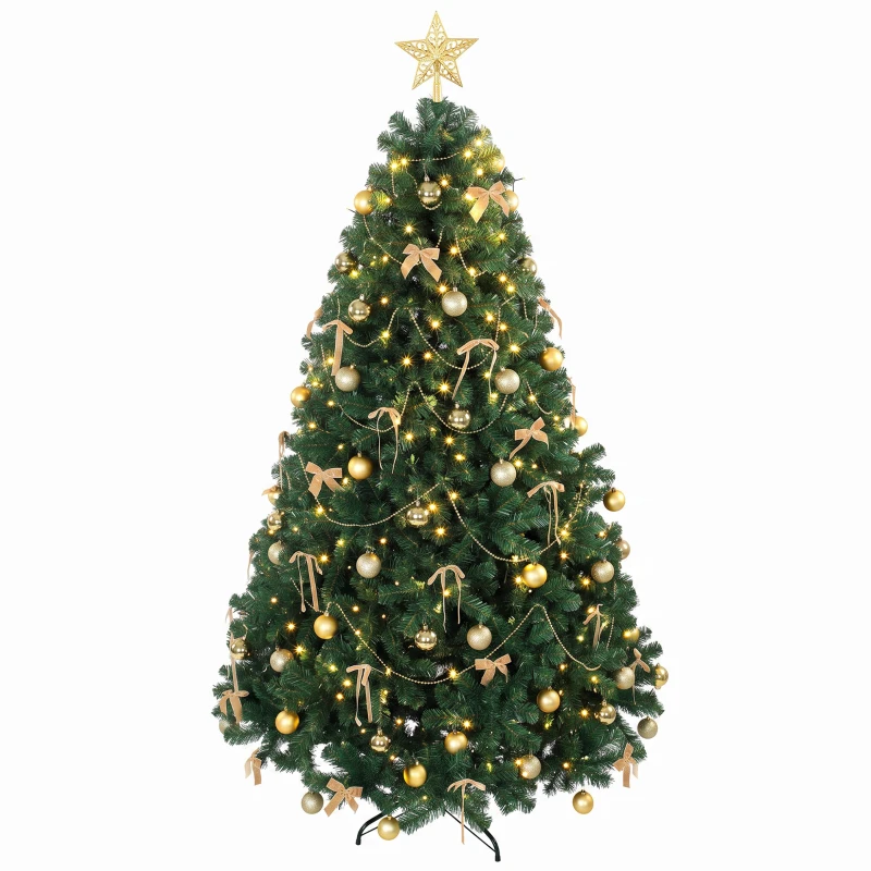 HOMCOM Dekorativer Weihnachtsbaum 230 cm mit 296 LEDs 755 feuerhemmende Zweige Spitze 42 Kugeln 30 Schleifen Deko Gold Grün