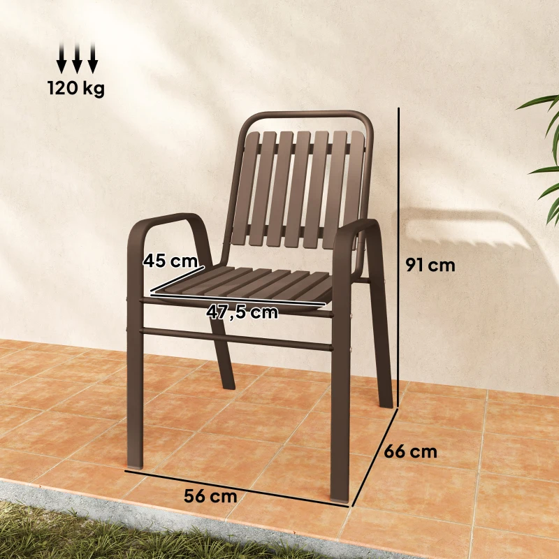 Outsunny Lot de 4 chaises de jardin chaises empilables d'extérieur haut dossier et accoudoirs cadre acier 56x66x91cm marron foncé