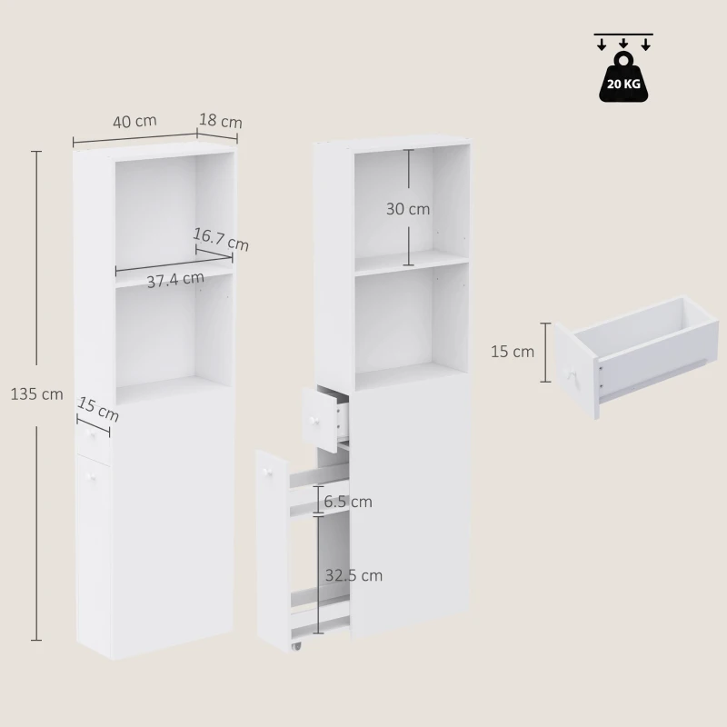 HOMCOM Dulap Baie Slim cu Organizator Glisant pe Roți, Sertar și Raft Reglabil, MDF, 18 x 40 x 135 Cm, Alb
