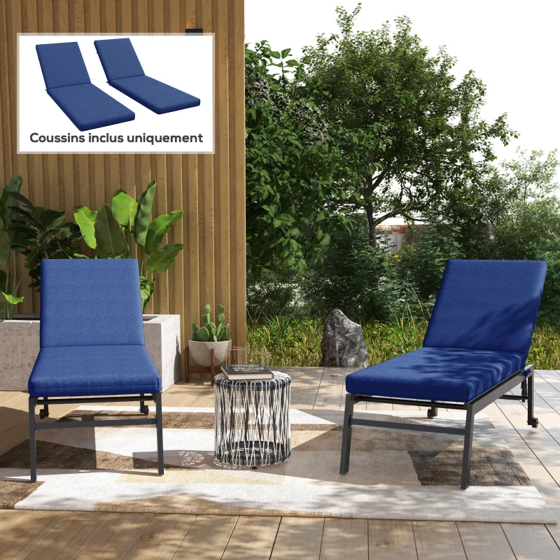 Outsunny Lot de 2 Matelas pour Chaise Longue transat Bain de Soleil avec Sangles d'attache pour Jardin Bleu