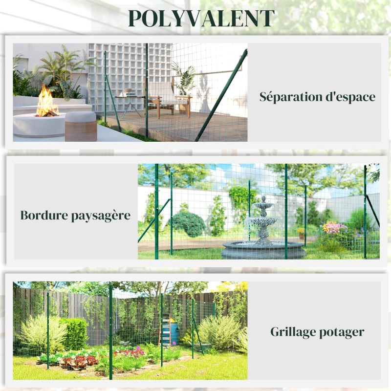 Outsunny Grillage Rouleau soudé - Maille 7,3L x 6,3l cm - Hauteur 2 m - Longueur 10 m - poteaux, Jambes de Force Inclus - Acier revêtement PVC Vert
