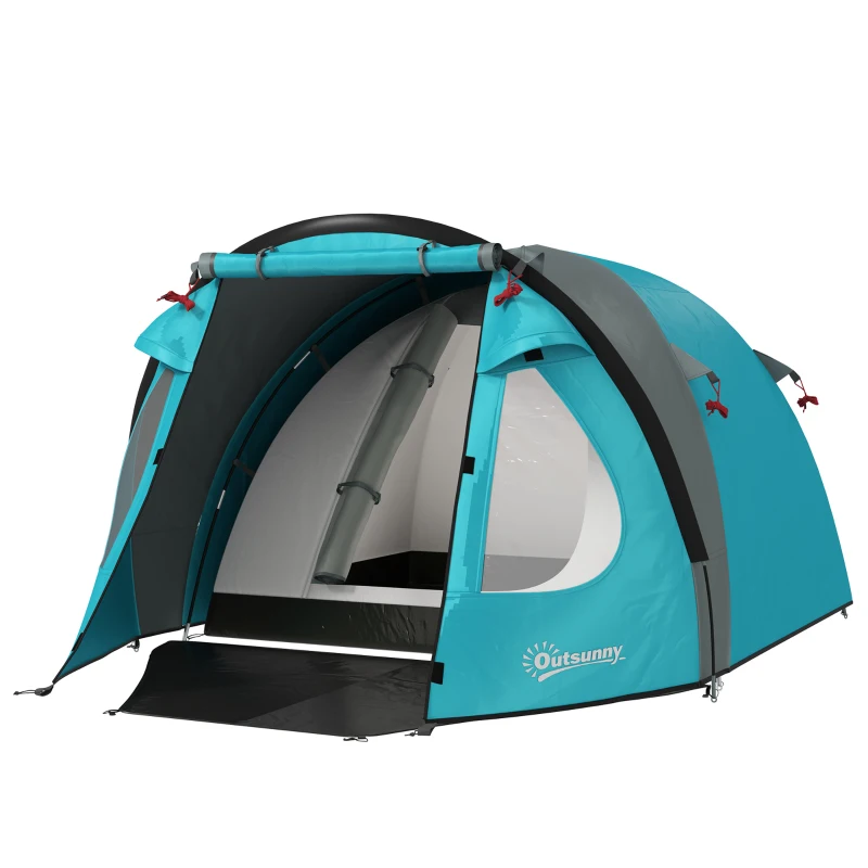 Outsunny Tenda da Campeggio 3 Persone con Camera e Veranda, 3000mm e Borsa di Trasporto, Azzurro