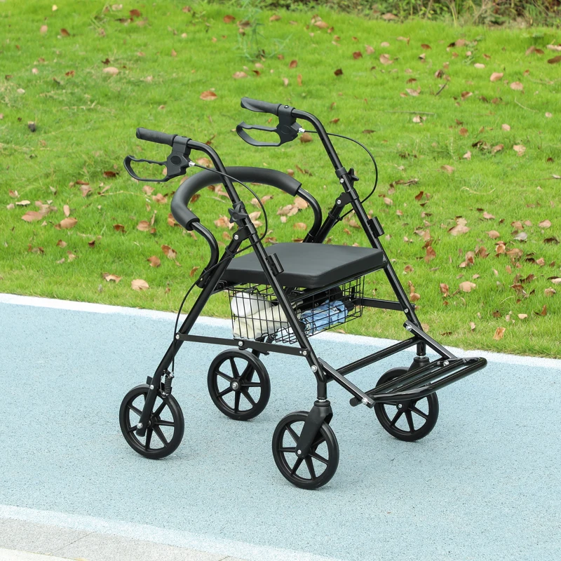HOMCOM Cadru de mers pliabil pentru vârstnici cu șezut și 4 roți mâner ergonomic reglabil pe înălțime frâne cu levier coș negru