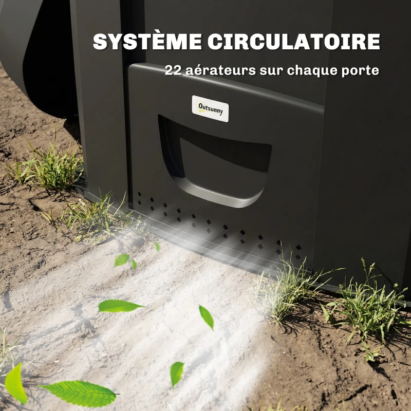 Outsunny Composteur de jardin, 240L, bac à compost extérieur, en polypropylène, 3 Portes, 66 Aérations, 78 x 75 x 78 cm, Noir