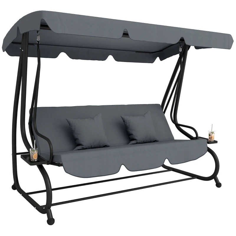 Outsunny Balancelle de jardin 3 places convertible toit inclinaison réglable 2 tablettes 2 x 1,2 x 1,64 m acier gris foncé