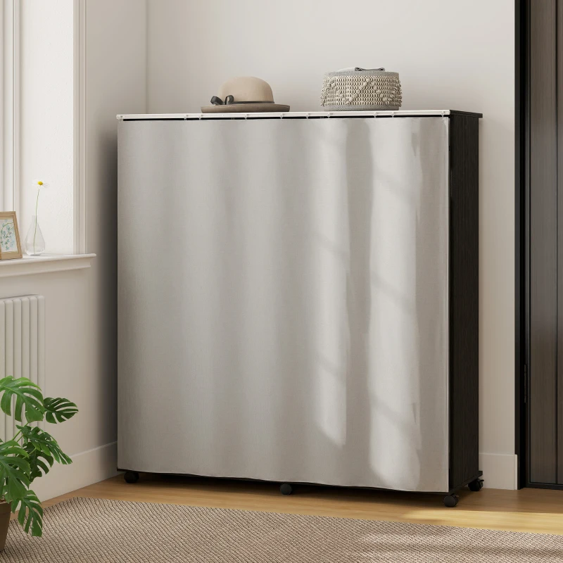 HOMCOM Stand Appendiabiti con 6 Ruote, Appendiabiti da Terra con 3 Ripiani e 2 Aste per Vestiti, Guardaroba Porta Abiti in Legno Tessuto di Lino e Alluminio, per Camera da Letto Soggiorno Corridoio Ingresso, Tenda Grigia e Nero