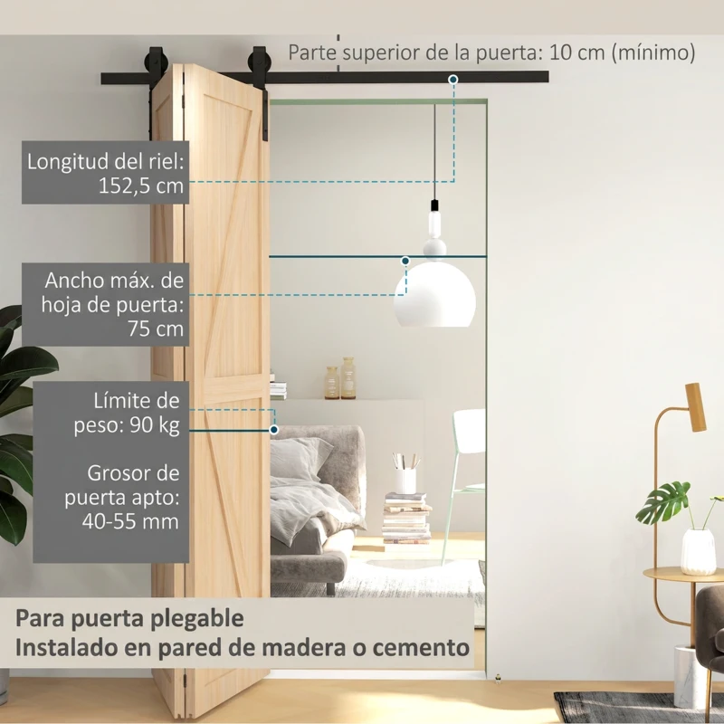 HOMCOM 5FT/152CM Herrajes para Puerta Corredera Plegable para 2 Puertas con Riel para Granero Negro