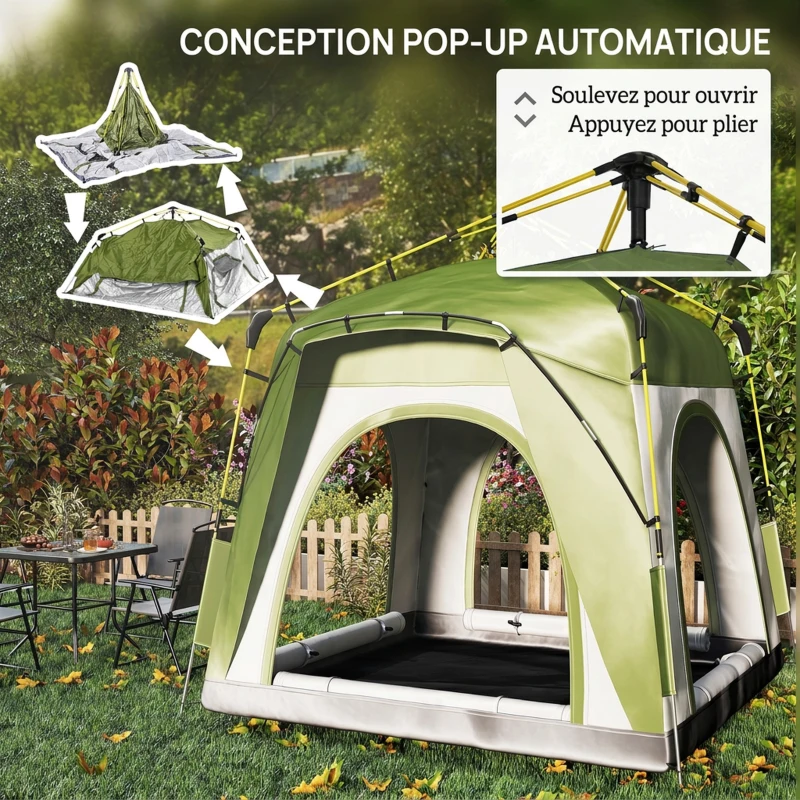 Outsunny Tente de camping pop-up 3 personnes, dôme familiale avec 4 portes, 4 fenêtres et sac de transport – Vert et gris