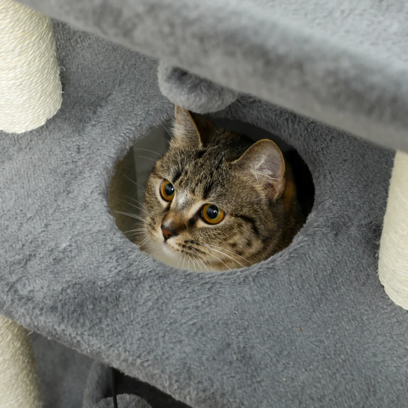 PawHut Arranhador para Gatos Altura 76 cm com 4 Postes de Arranhar Cama Plataforma em U Almofada para Arranhar Cinzento