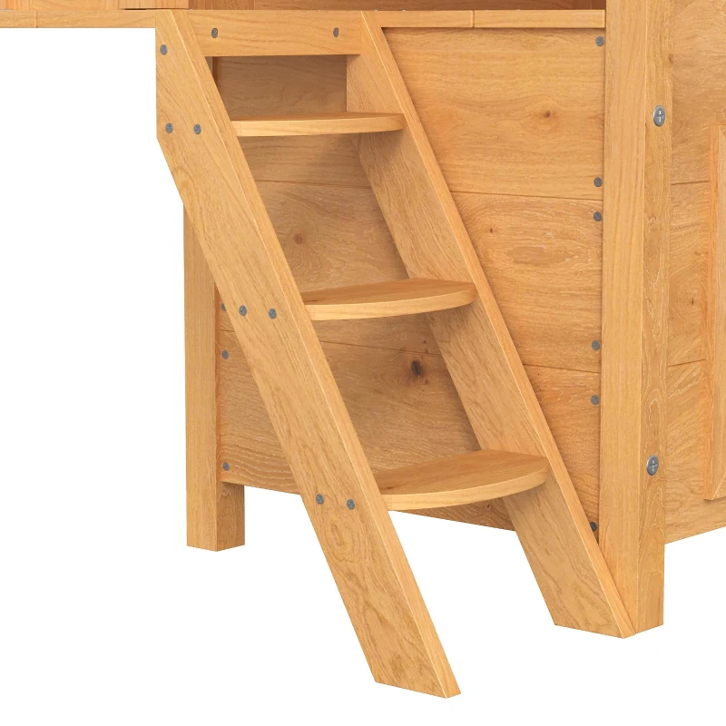 PawHut Cat House Outdoor w/ Balcony Stairs Roof, 77 x 50 x 73 cm, Natural Wood Finish