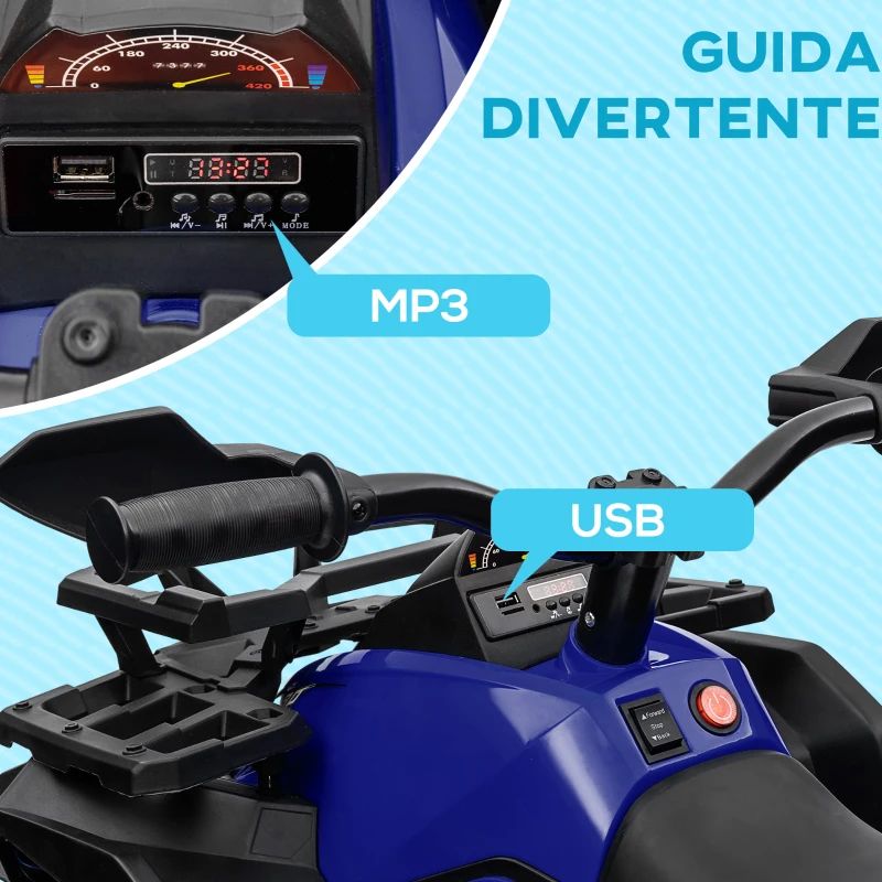 HOMCOM Quad Elettrico per Bambini 3-5 Anni a 12V con Fari e Pedale, in PP e Metallo 100x65x73 cm, Blu