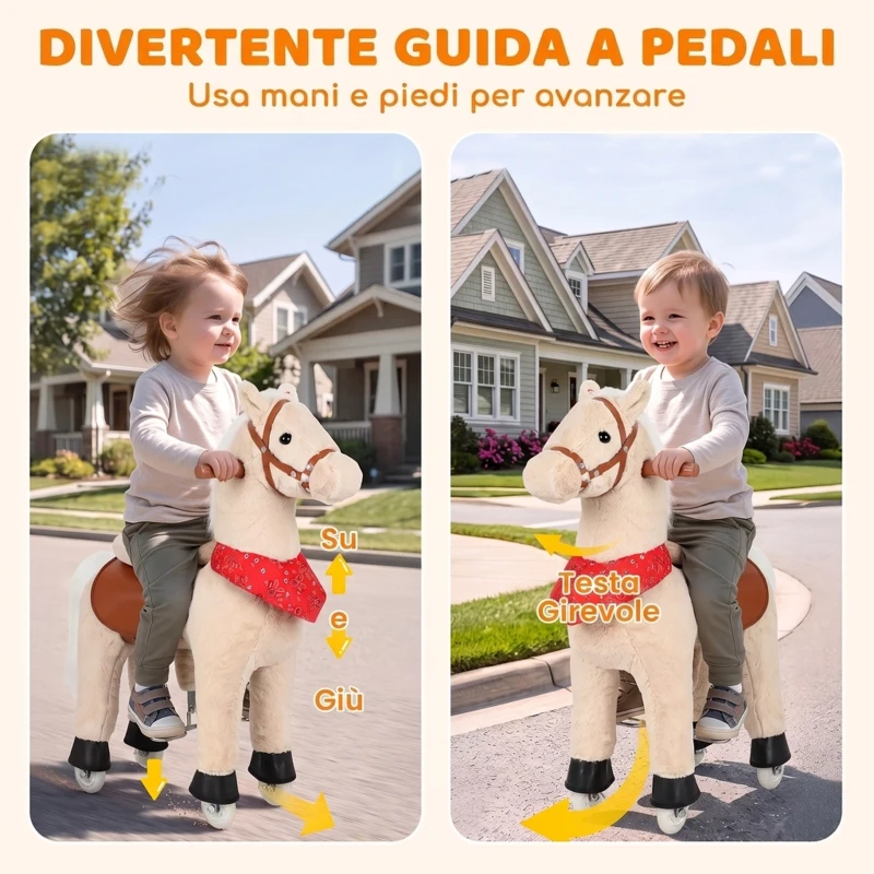 AIYAPLAY Cavallo Cavalcabile per Bambini con Testa Girevole, Suoni Realistici, Ruote Scorrevoli, Marrone Chiaro
