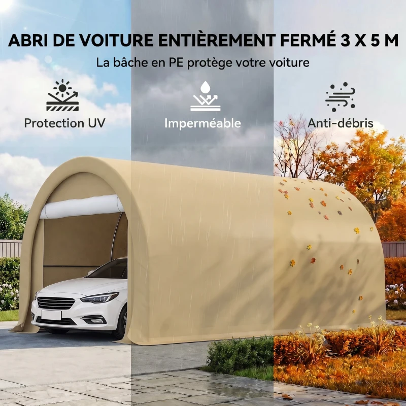 Outsunny Tente de garage résistant à l'eau protection UV UPF 30 + parois latéraux amovibles 5 x 3 m beige(m-4)