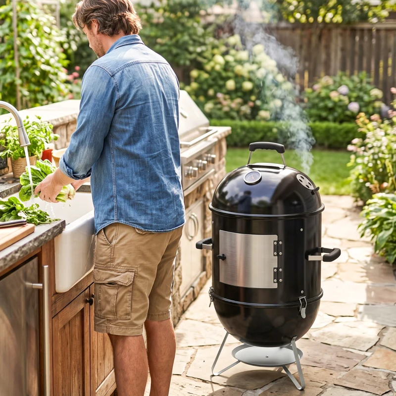 Outsunny Fumoir 3 en 1 avec 3 Grilles de Cuisson, Thermomètre Intégré, Ventilation Réglable, 62,5x47,5x91cm, Noir
