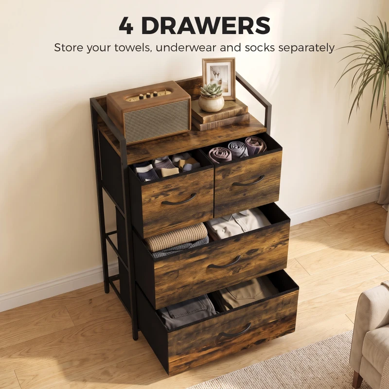 HOMCOM Rustic Chest of Four Fabric Drawers - Rustic Brown