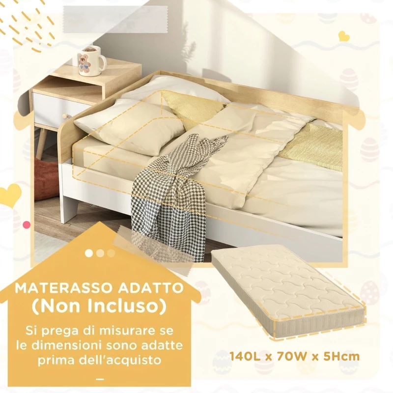 AIYAPLAY Letto per bambini 3-8 anni 143,5x74 cm con pannelli laterali alti, bianco