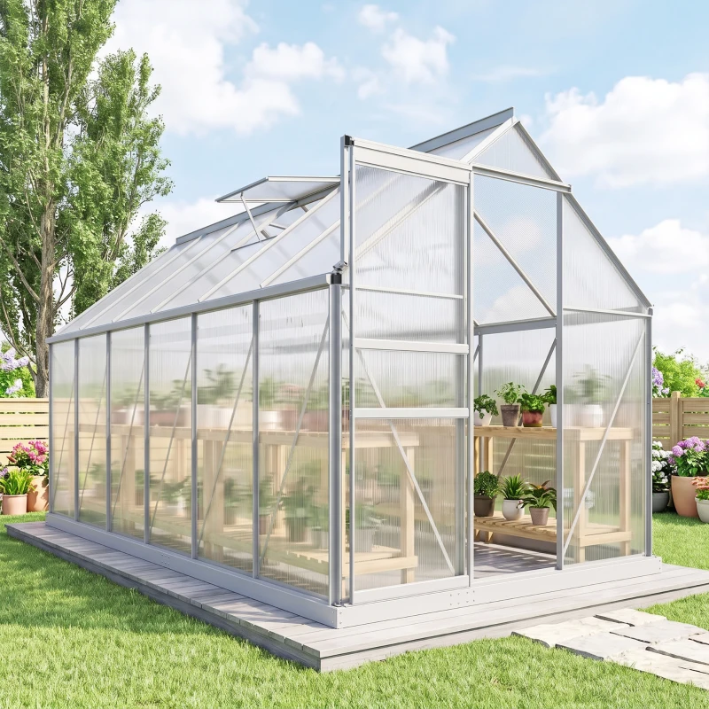 Outsunny Serre de jardin 7,1 m² en aluminium polycarbonate avec fondation, 190 x 375 x 199 cm, serre avec fenêtre