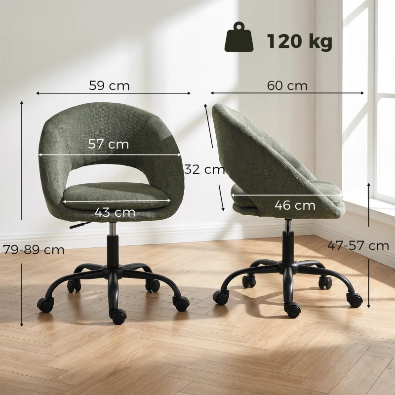 HOMCOM Chaise Bureau Ergonomique en Chenille, Hauteur Réglable, Accoudoirs Intégrés, Pivotant 360°, 59x60x79-89cm, Vert Foncé
