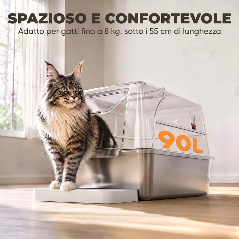 PawHut Lettiera Gatto Chiusa XL in Acciaio Inox con Coperchio, Gradino Raccogli-lettiera, Paletta, Grigio Chiaro