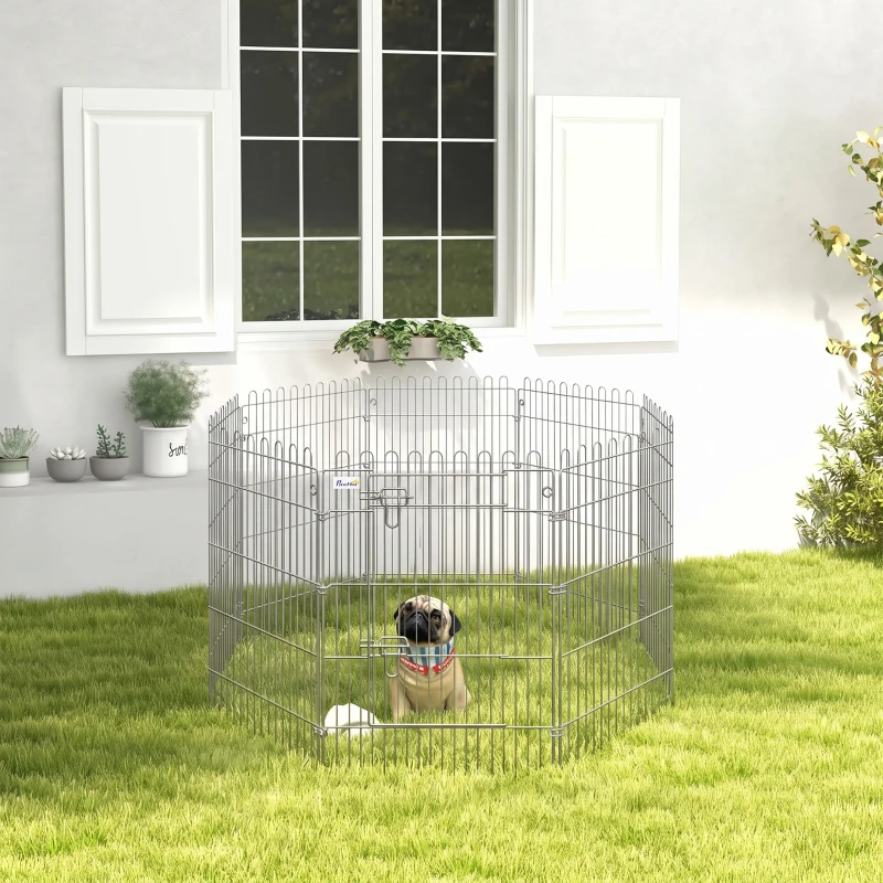 PawHut Vallas para Perros Plegables de 8 Piezas 63x91 cm con 1 Puerta y Marco de Acero para Jardín Patio Plata