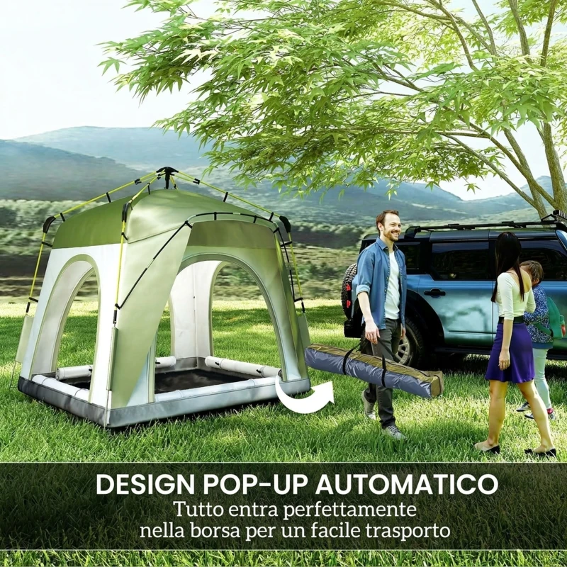Outsunny Tenda da Campeggio 3 Posti Pop Up con Porta a Cerniera e 3 Finestre, 240x240x199 cm, Verde