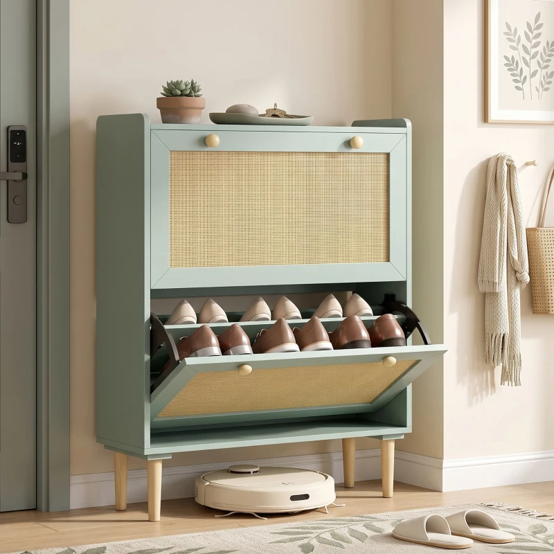 HOMCOM Meuble à chaussures 12 paires, armoire à chaussures avec 2 tiroirs rabattables, étagères réglables, 80x26x101 cm, vert