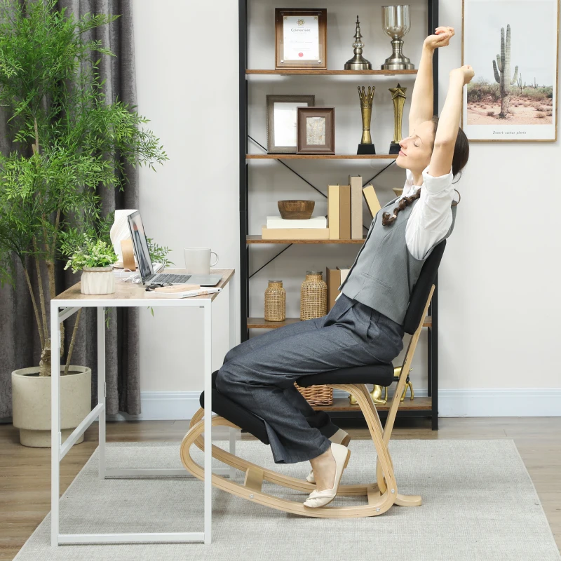 HOMCOM Siège assis genoux, tabouret ergonomique en bois à bascule avec dossier, chaise à genoux pour bureau à domicile, noir