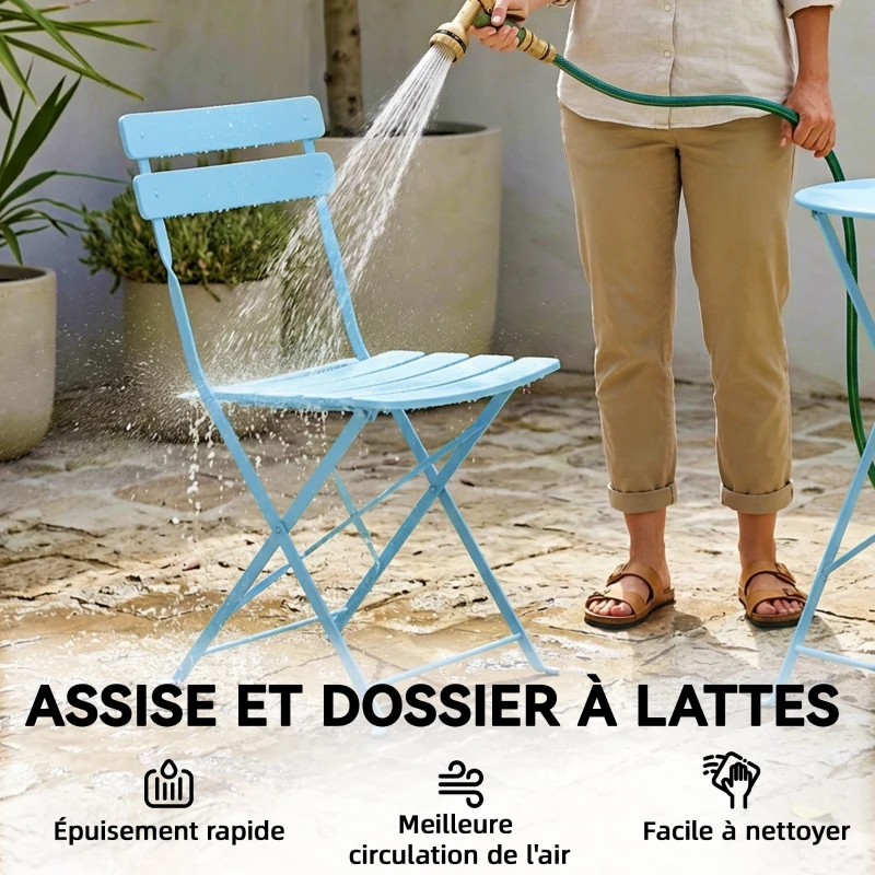 Outsunny Ensemble Bistrot de Jardin 3 Pièces Table et 2 Chaises Pliantes à Lattes Double Protection Antirouille Bleu Clair
