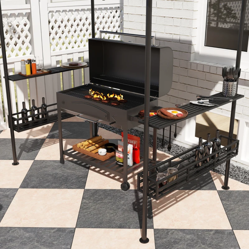 Outsunny Tonnelle de barbecue auvent de réception pour jardin crochet au plafond étagères paniers 240 x 150 x 257 cm gris foncé