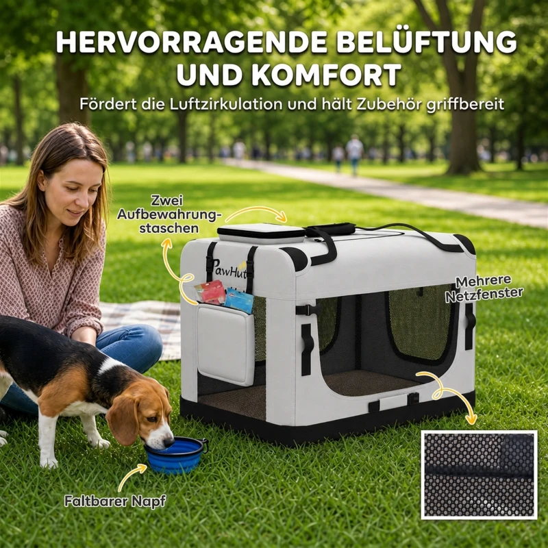 PawHut Transporttasche für Haustiere, weichw. Hundetragetasche mit Sicherheitsleine, Kissen und Napf, Hellgrau