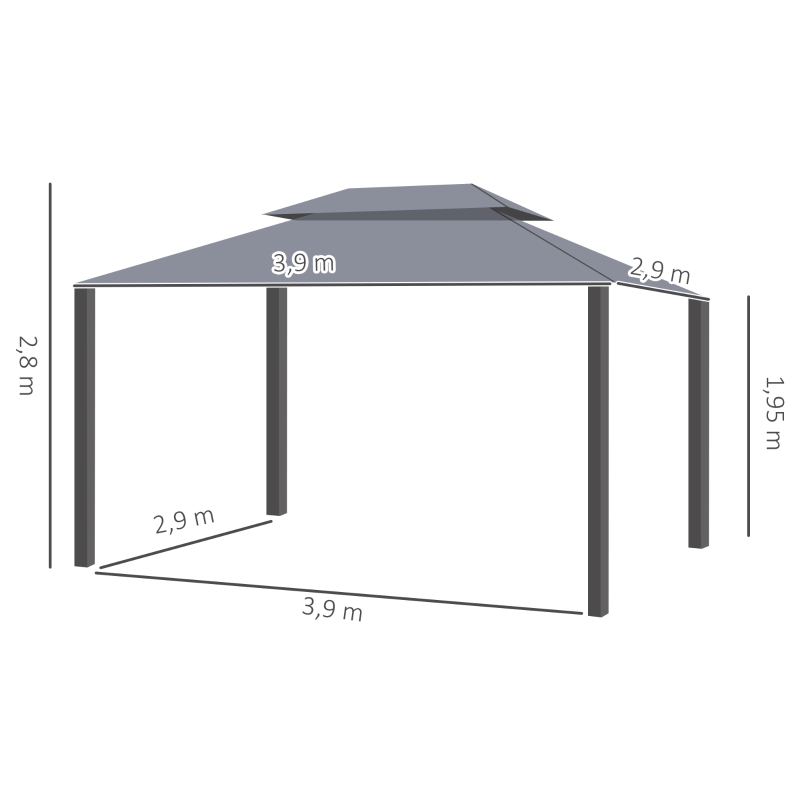 Outsunny Tonnelle de jardin extérieur 3,9 x 2,9 m, barnum avec toit double, rideaux et moustiquaire, tente de réception en aluminium, tonnelle pour terrasse patio mariage baptême, gris(m-3)